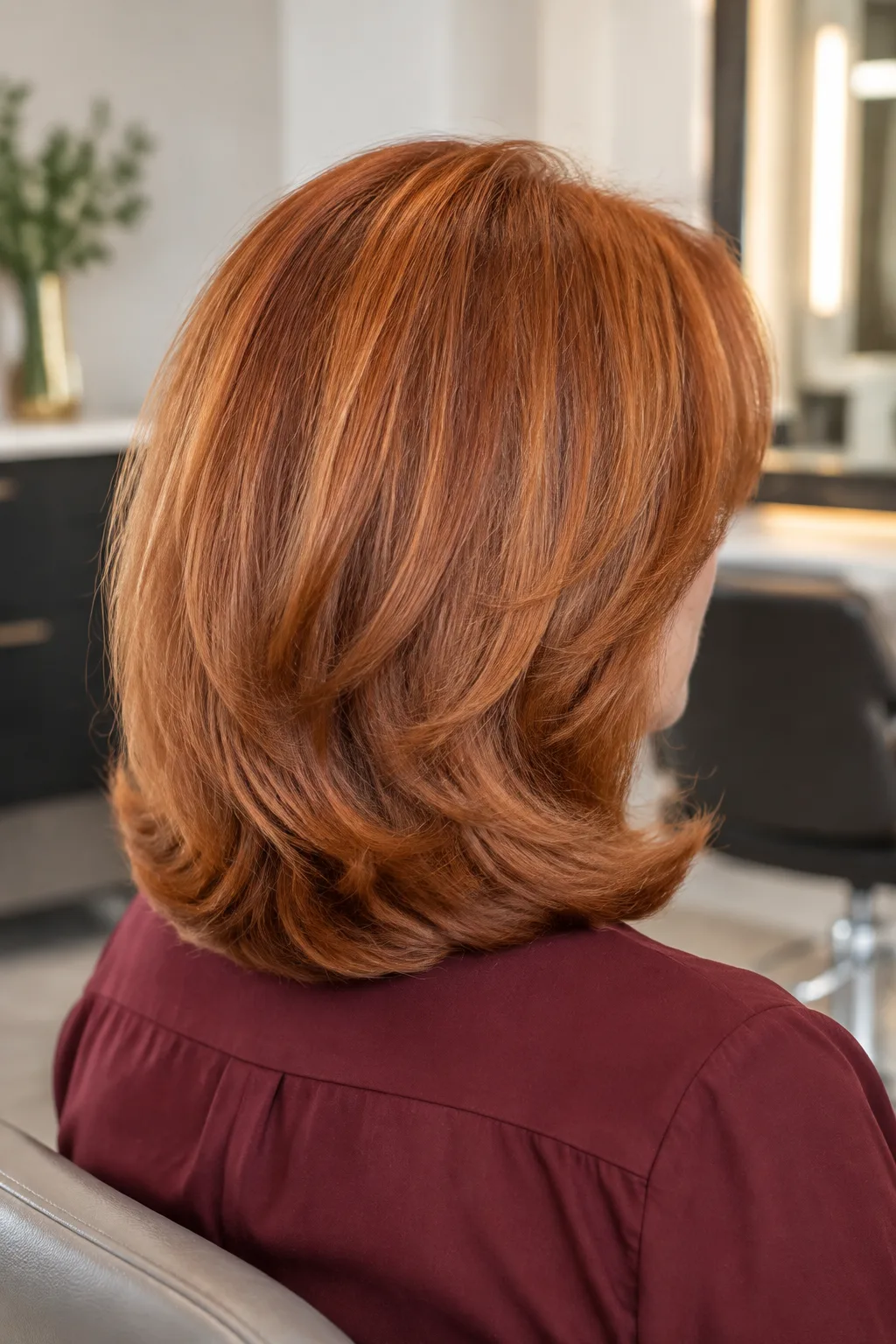 Rear three-quarter view of woman over 60 with voluminous copper blowout bob
