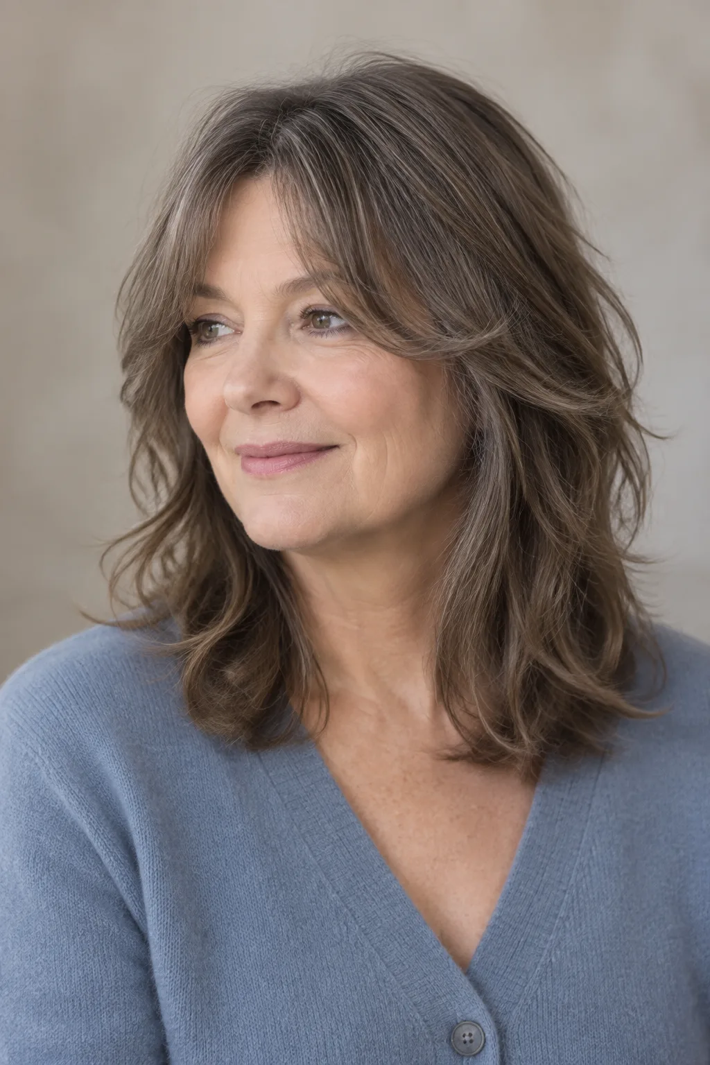 Woman over 60 with airy ash brown layered cut and wispy curtain bangs, facing left
