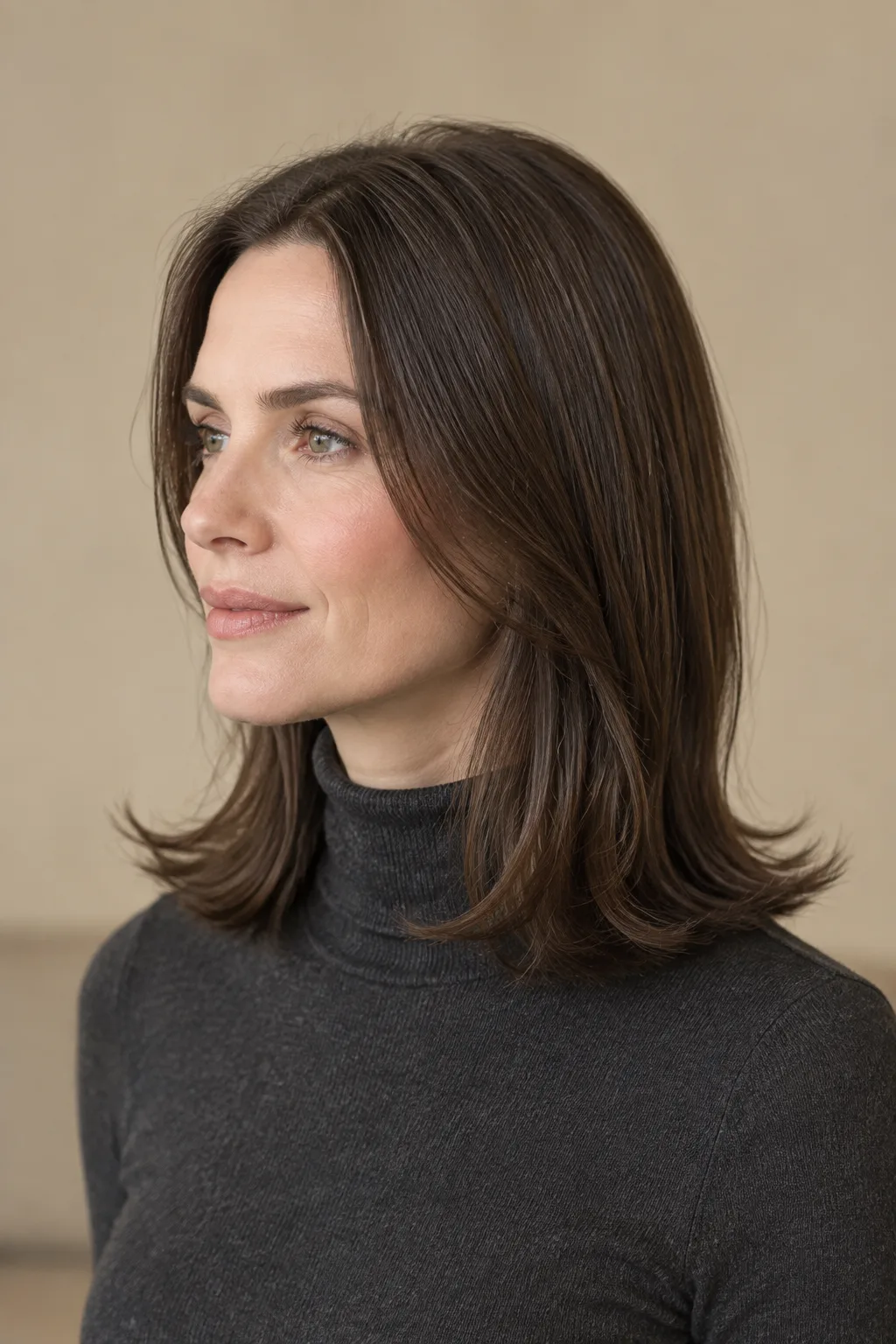 Woman with sleek center-part medium shag and flipped ends shown in profile