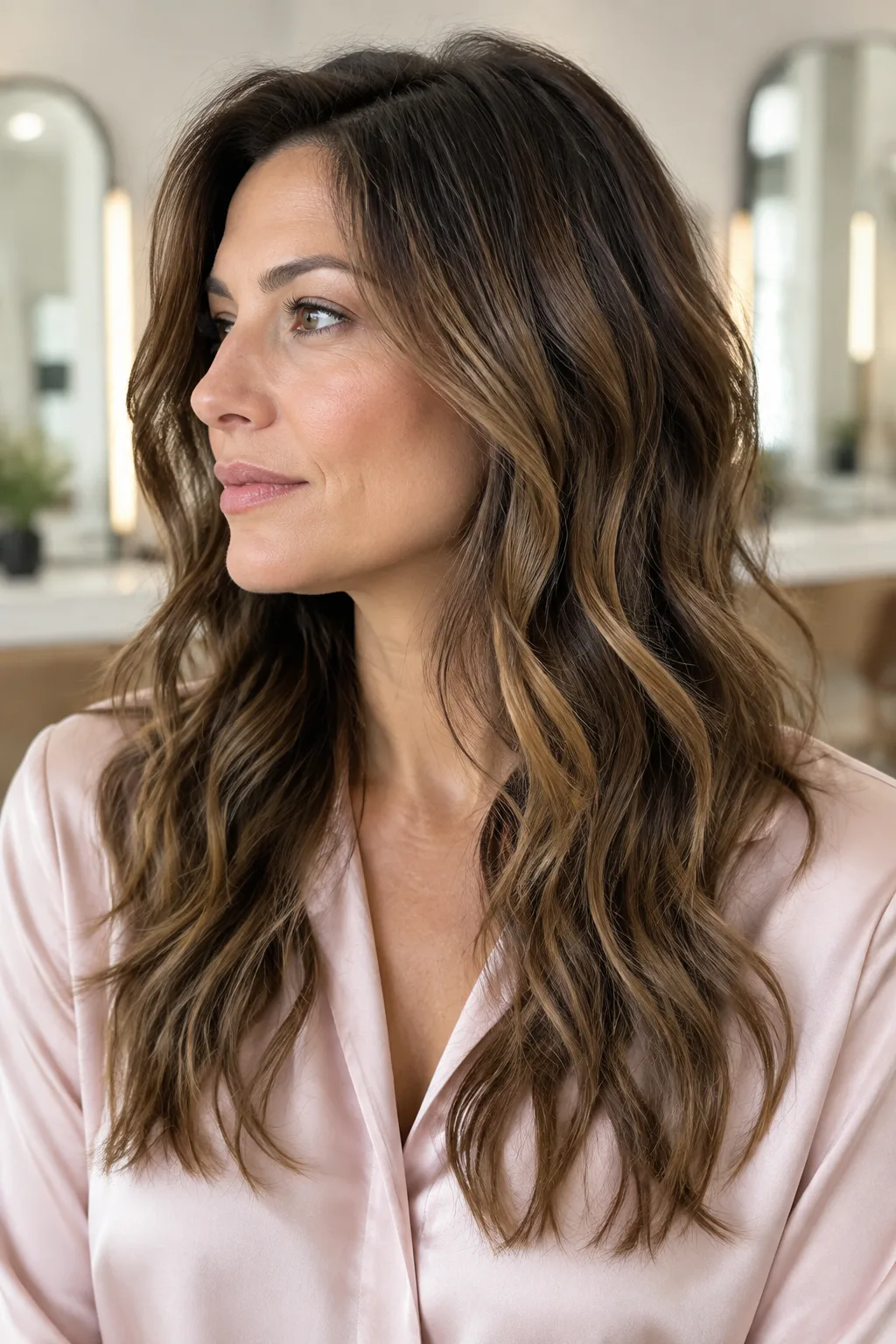Woman with longer layered shag and no bangs shown in profile facing left