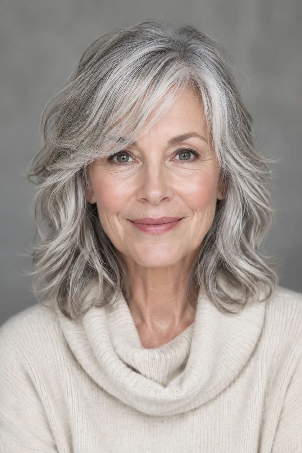 Older woman with silver medium shag and side-swept bangs looking directly at camera