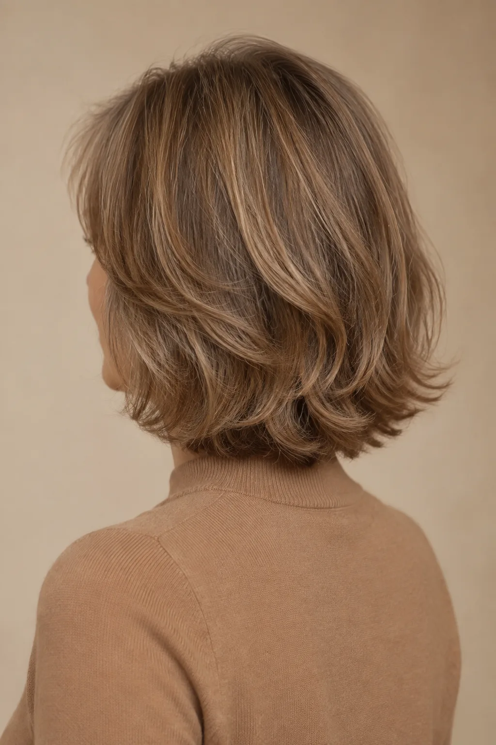 Rear three-quarter view of woman with rounded chin-length shag and soft flipped layers