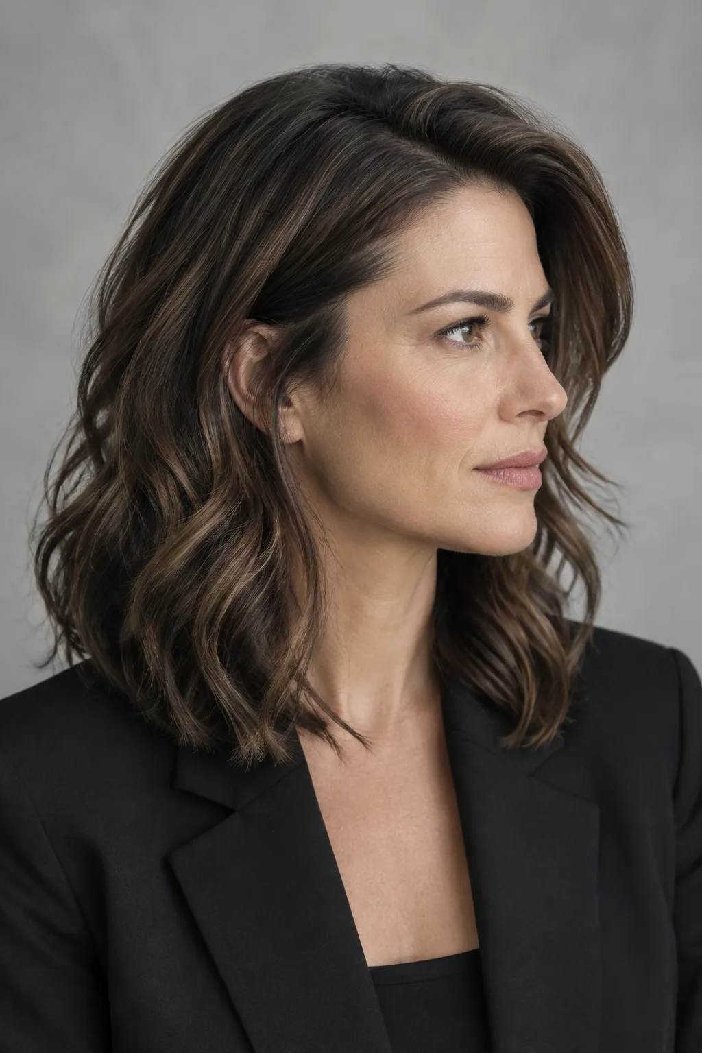 Woman with sleek-to-wavy medium shag and deep side part shown in profile facing right
