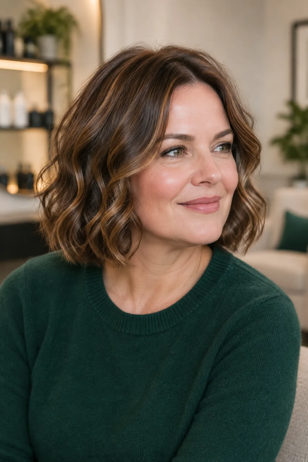 Smiling woman with a rounded chin-length brunette bob styled in soft waves
