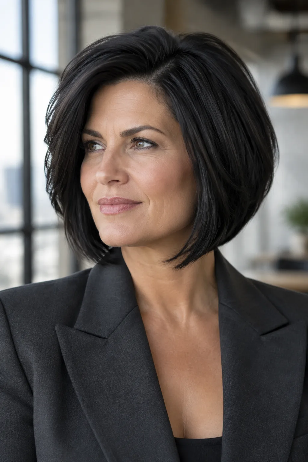 Woman with a stacked A-line dark bob and tapered nape turned slightly left