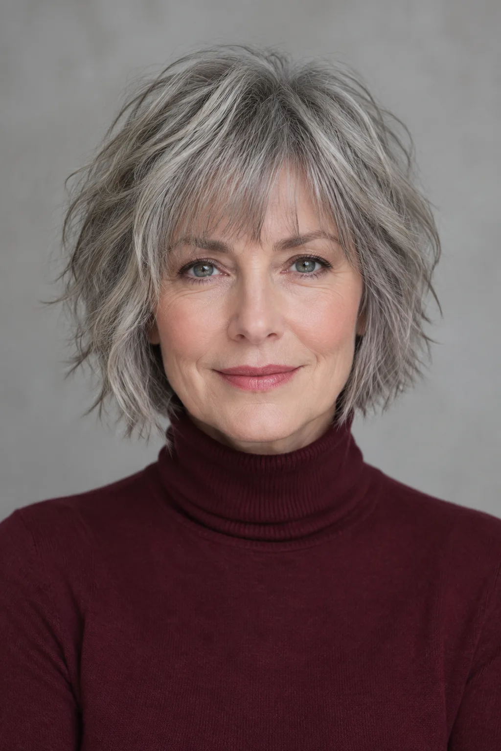 Woman with a choppy gray layered bob and wispy bangs facing the camera