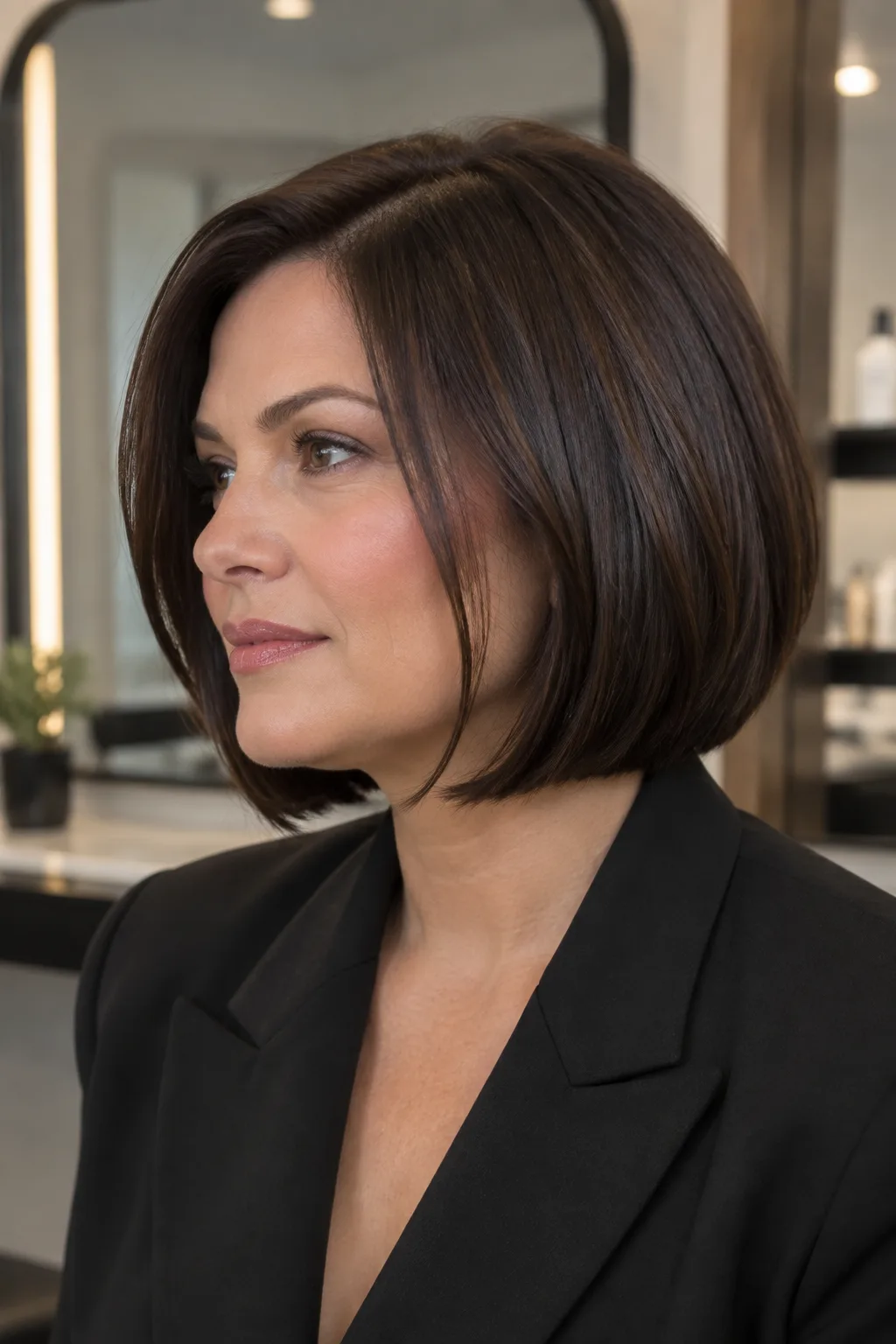 Woman in profile with a sleek graduated dark brown bob and blunt front ends