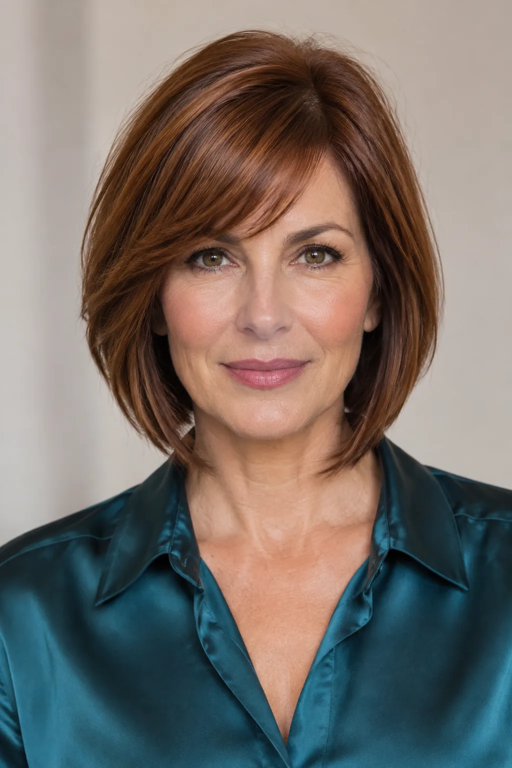 Woman facing camera with an angled auburn bob and side-swept fringe