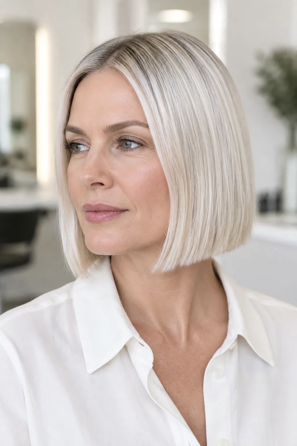 Woman with a glossy platinum blunt bob and center part turned to the side