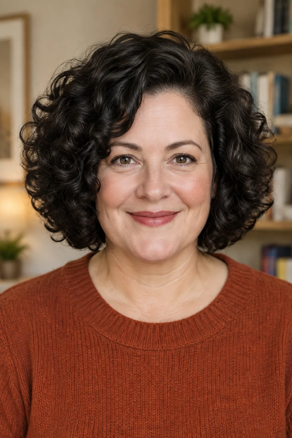 Woman with a voluminous curly black bob smiling directly at the camera