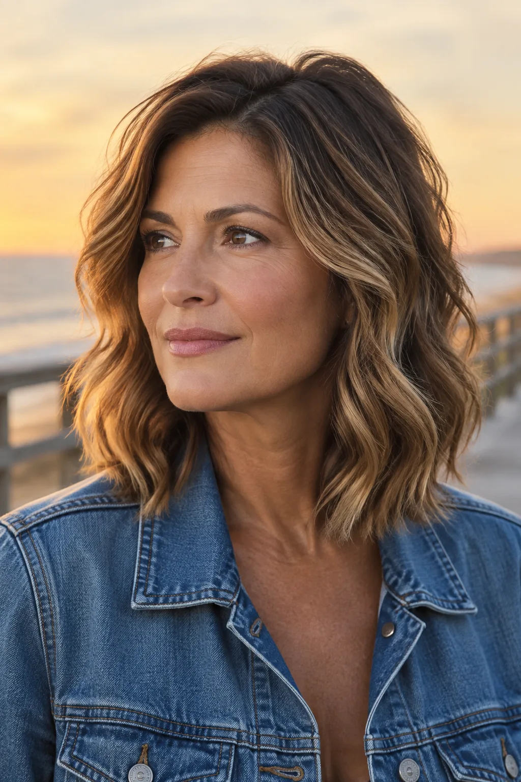 Woman with a beachy wavy brunette balayage bob near a coastal boardwalk