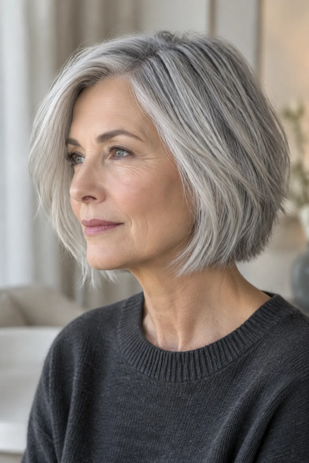 Older woman in profile with a silver gray textured jaw-length bob and side part