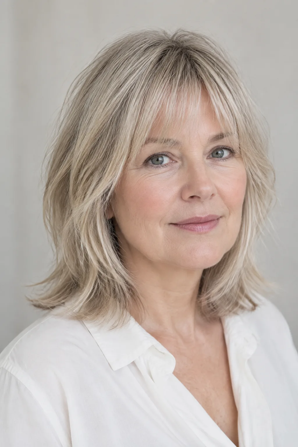 Older woman with fine ash blonde shag and wispy bangs turned toward camera