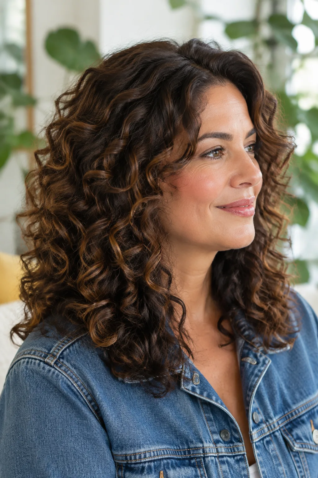 Woman with curly dark brown shag haircut in profile with hair full of natural volume