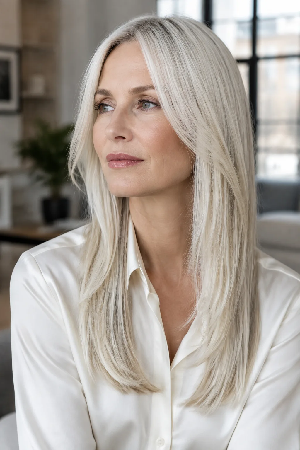 Woman with sleek platinum blonde shag haircut looking off to the left side