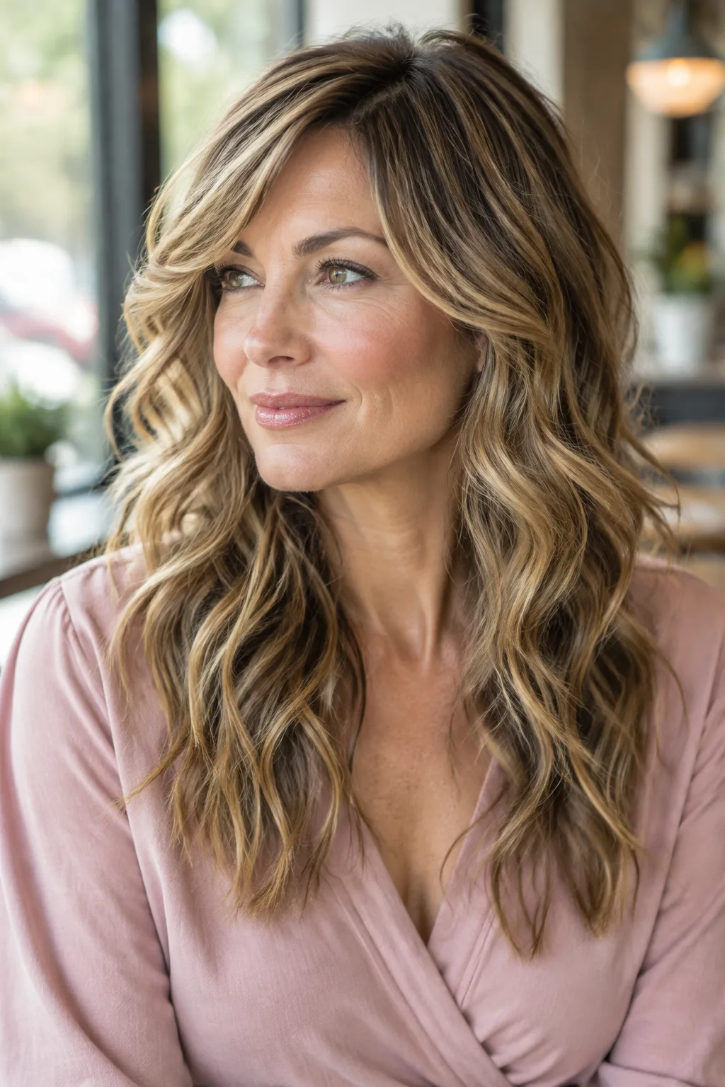 Woman with wavy bronde shag haircut and soft money piece looking off to the left