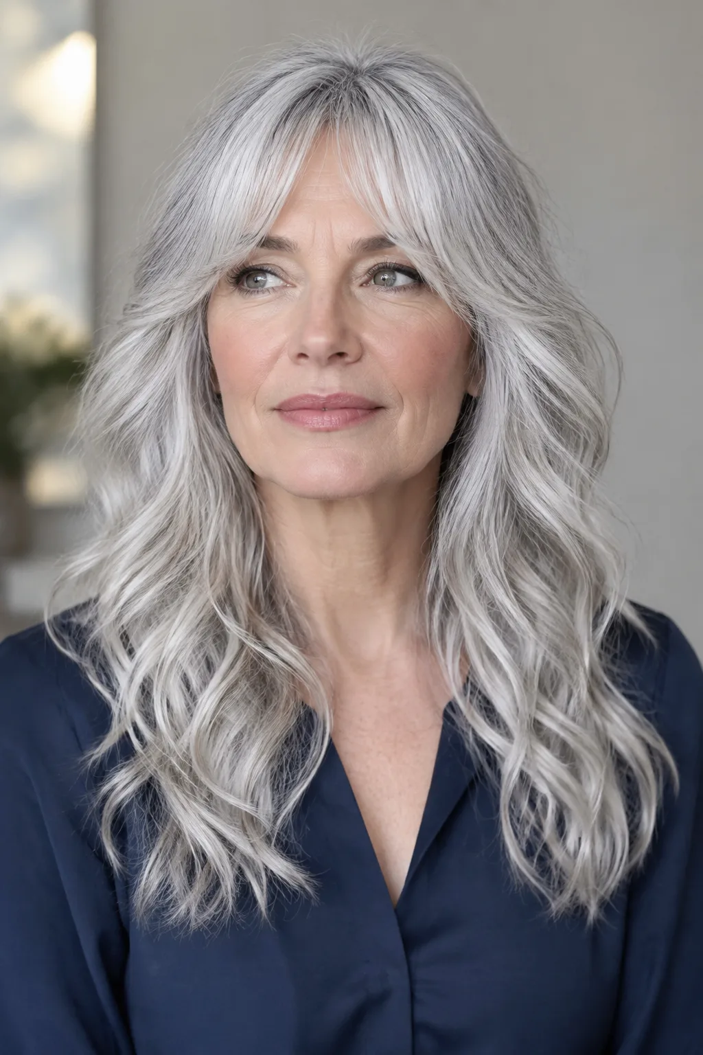 Older woman with long silver white shag haircut and curtain fringe facing forward