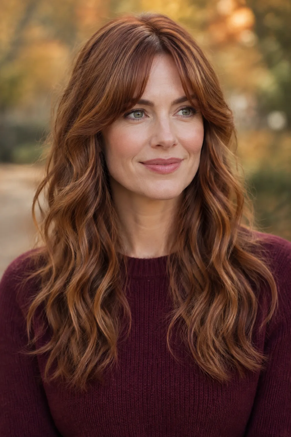 Woman with long auburn shag haircut and center part looking away from camera