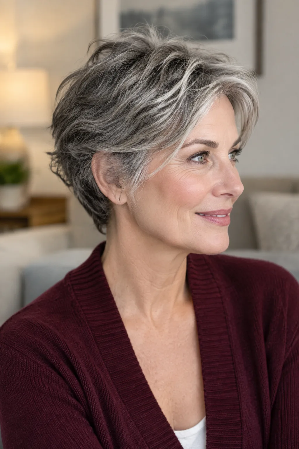 Woman with gray wavy pixie haircut longer on top, side part, profile view facing right