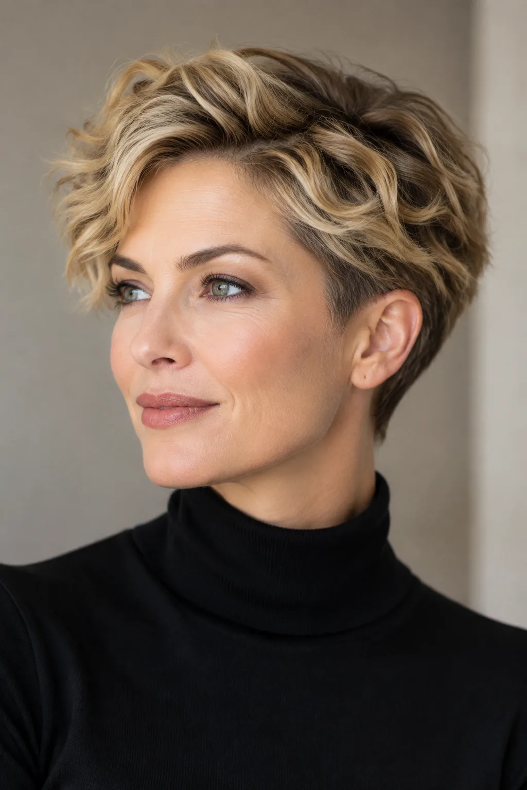 Woman with blonde wavy undercut pixie and voluminous crown, three-quarter view facing left
