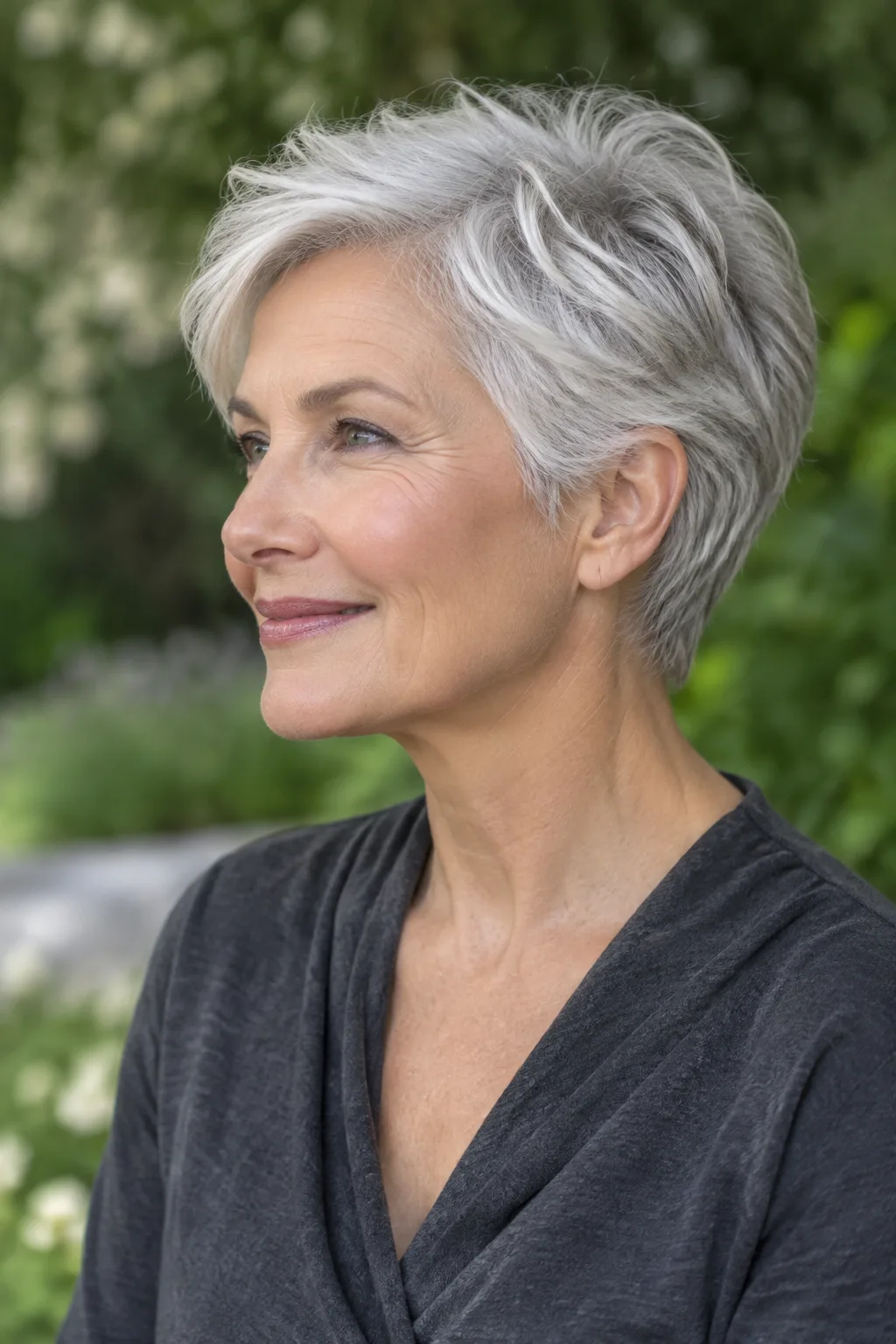 Woman with white silver wavy pixie and tapered nape, profile view facing left