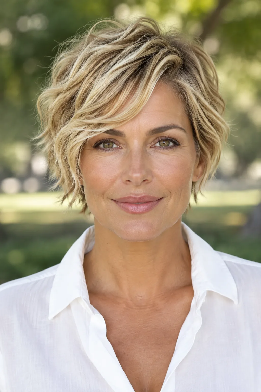 Woman with golden blonde wavy pixie and face-framing layers, front-facing camera view