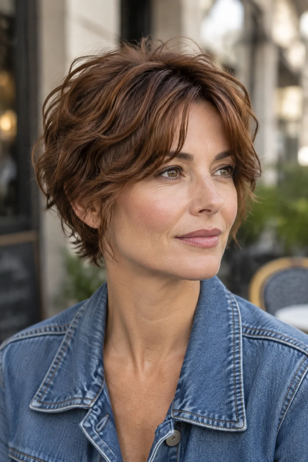 Woman with auburn wavy pixie and center-parted curtain fringe, slight three-quarter view facing right