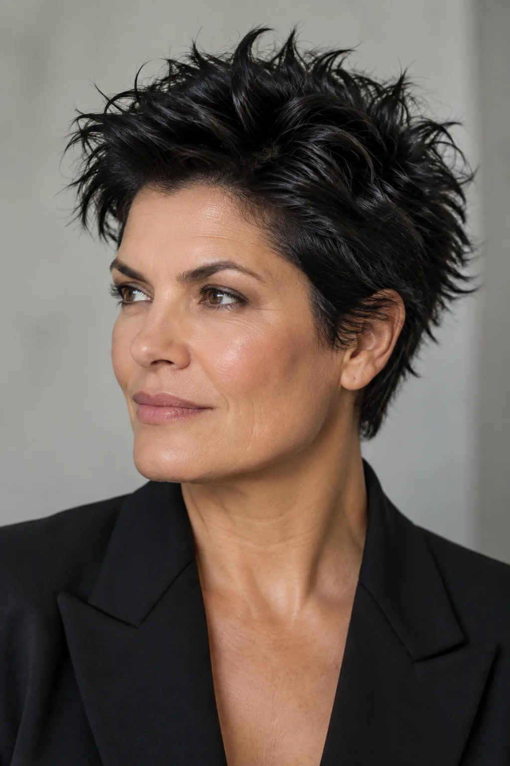 Woman with black wavy spiky pixie and high volume crown, three-quarter view facing left