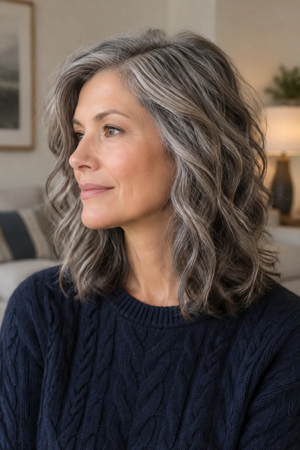 Woman with mid-length tousled salt and pepper waves shown in left profile