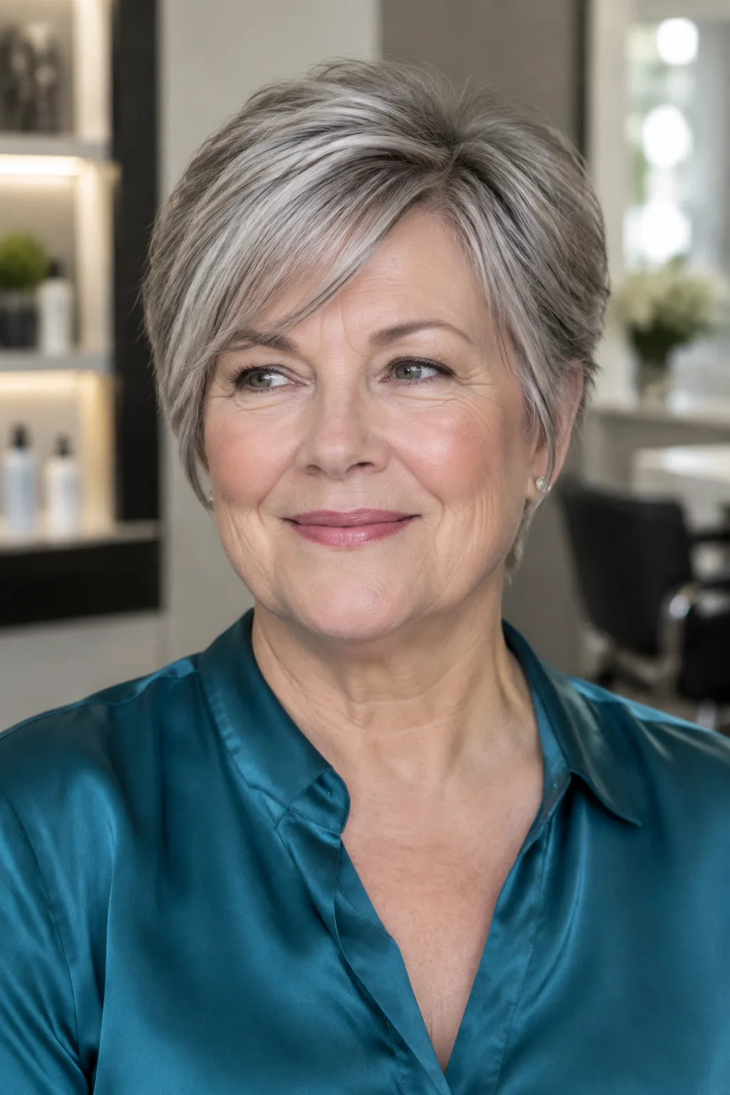 Woman with a cropped gray pixie and soft side-swept bangs facing forward off camera