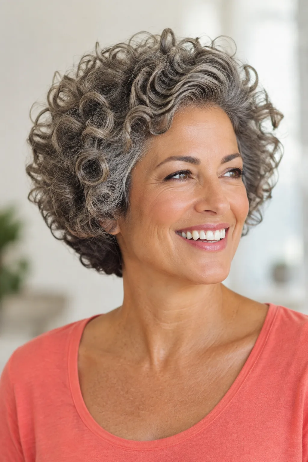 Woman with a short curly salt and pepper crop shown from a three-quarter angle