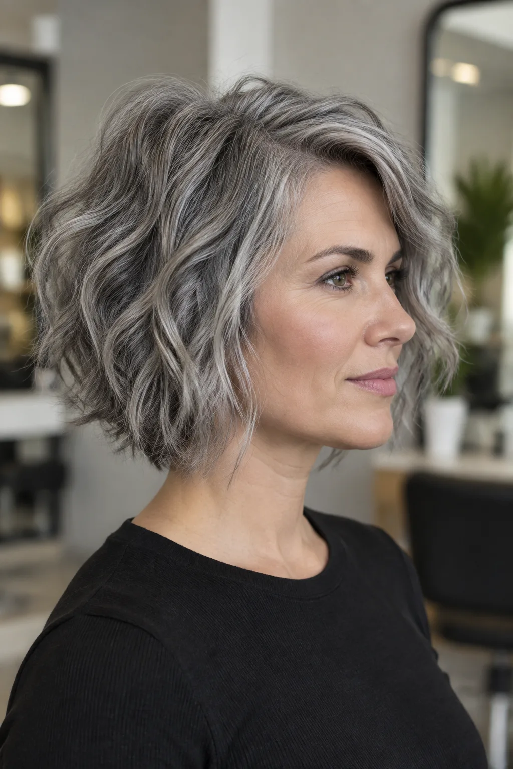 Woman with short gray choppy shag in profile view, looking off camera to the right