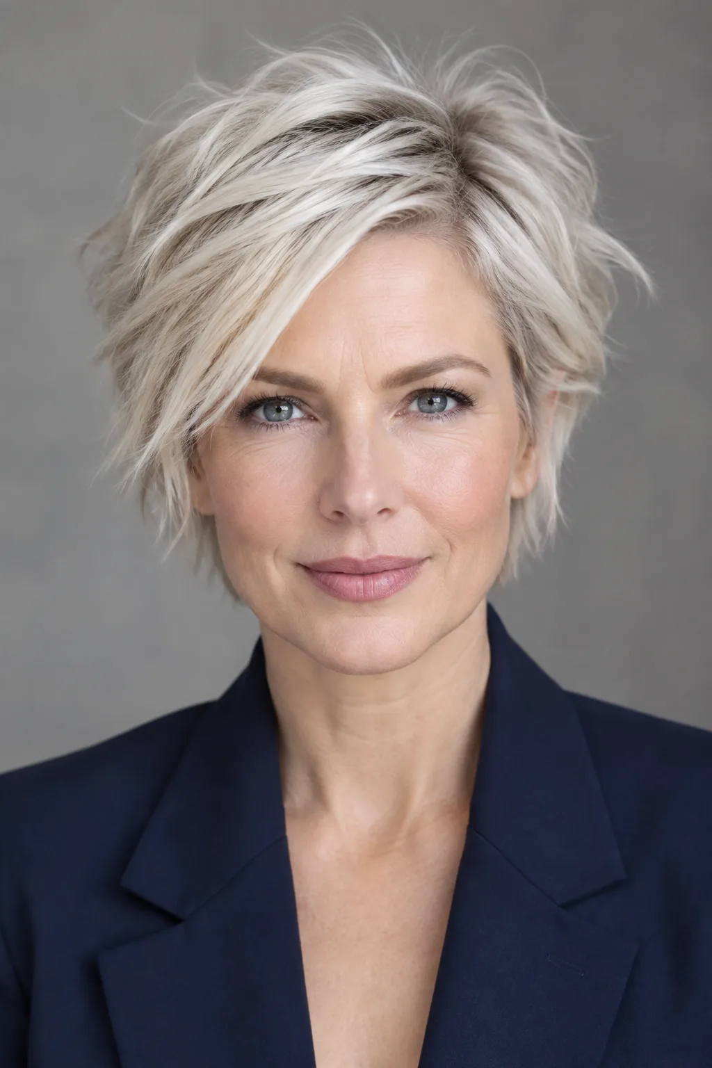 Woman with short platinum tousled pixie shag facing camera directly with confident expression