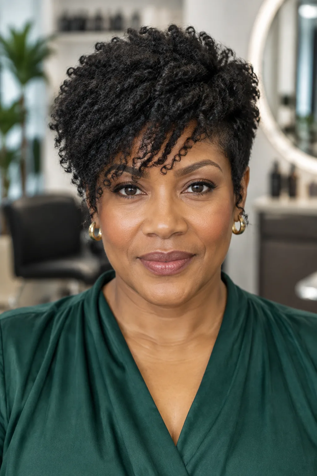 Black woman with a tapered coily pixie and soft wispy fringe smiling in a salon chair