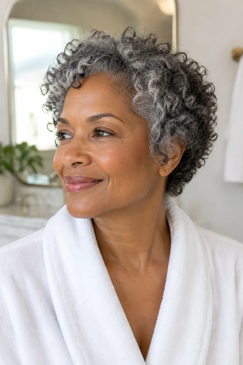 Older Black woman with a silver gray wash-and-go curly crop looking off to the side