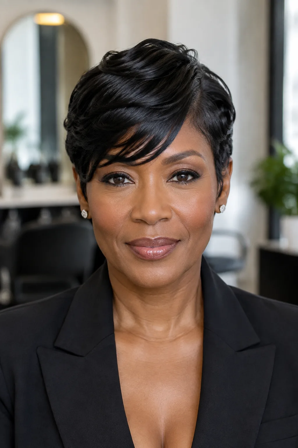 Black woman with a finger-waved pixie and sculpted sides posing in a salon