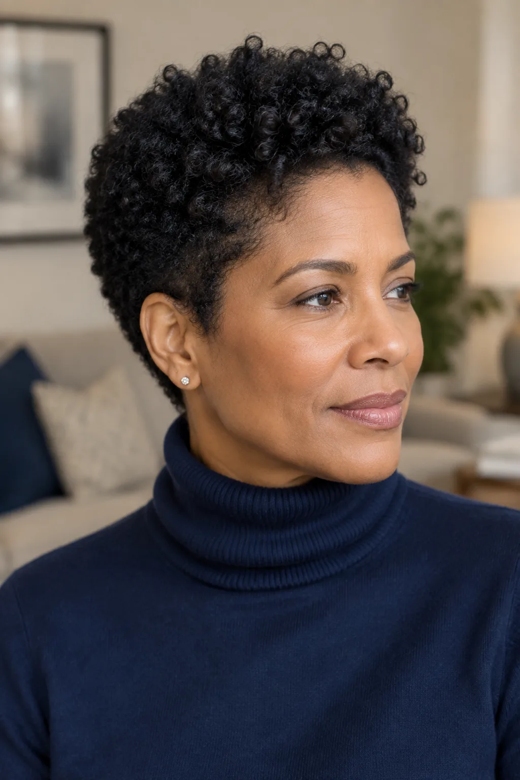 Black woman with a short tapered crop and defined coils in a cozy living room
