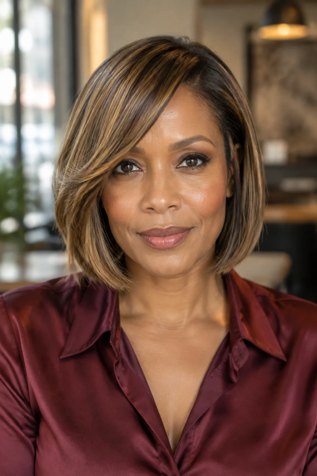 Black woman with a sleek side-swept bob and blunt ends in a cafe setting