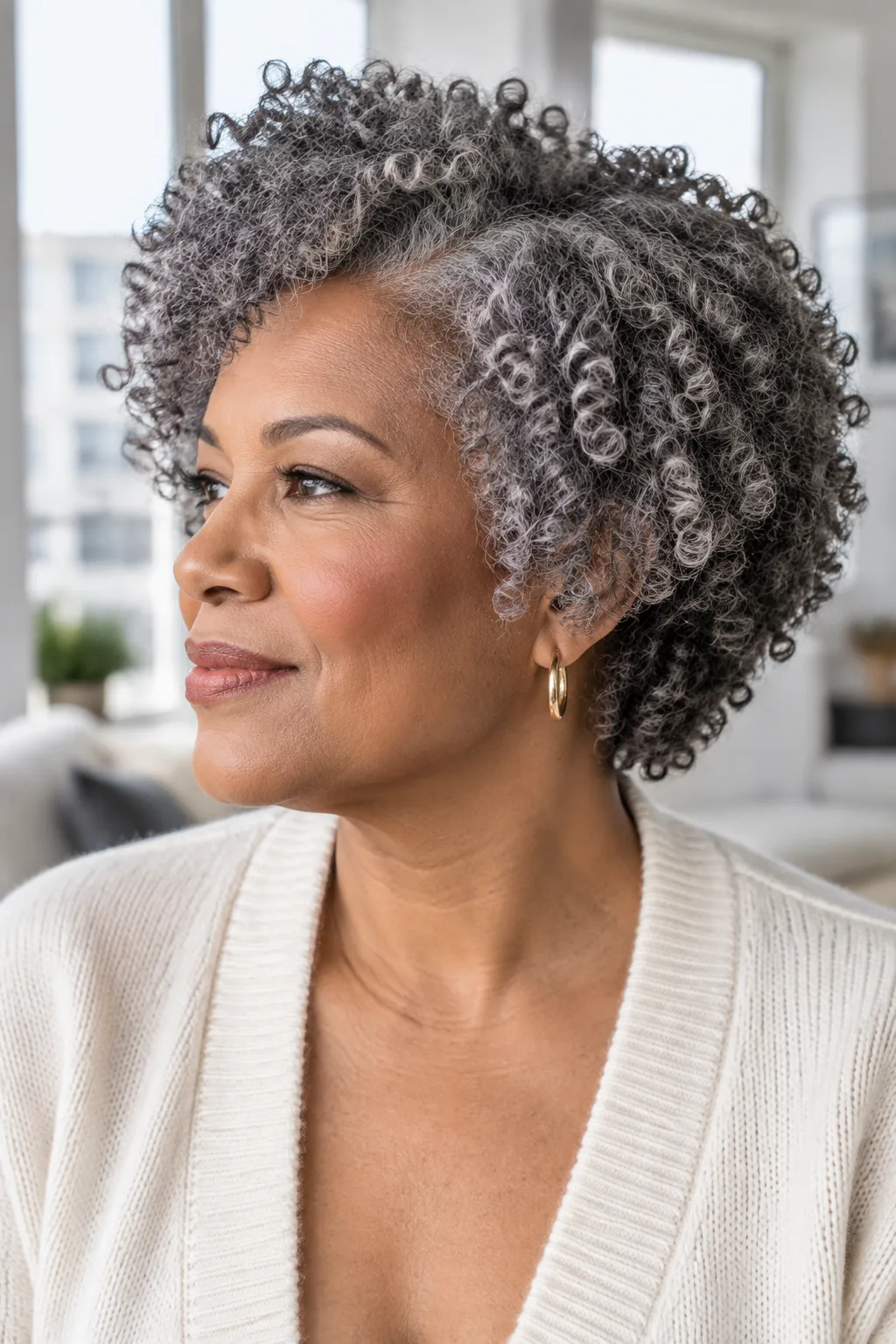 Older Black woman with a natural gray twist-out crop looking off to the left