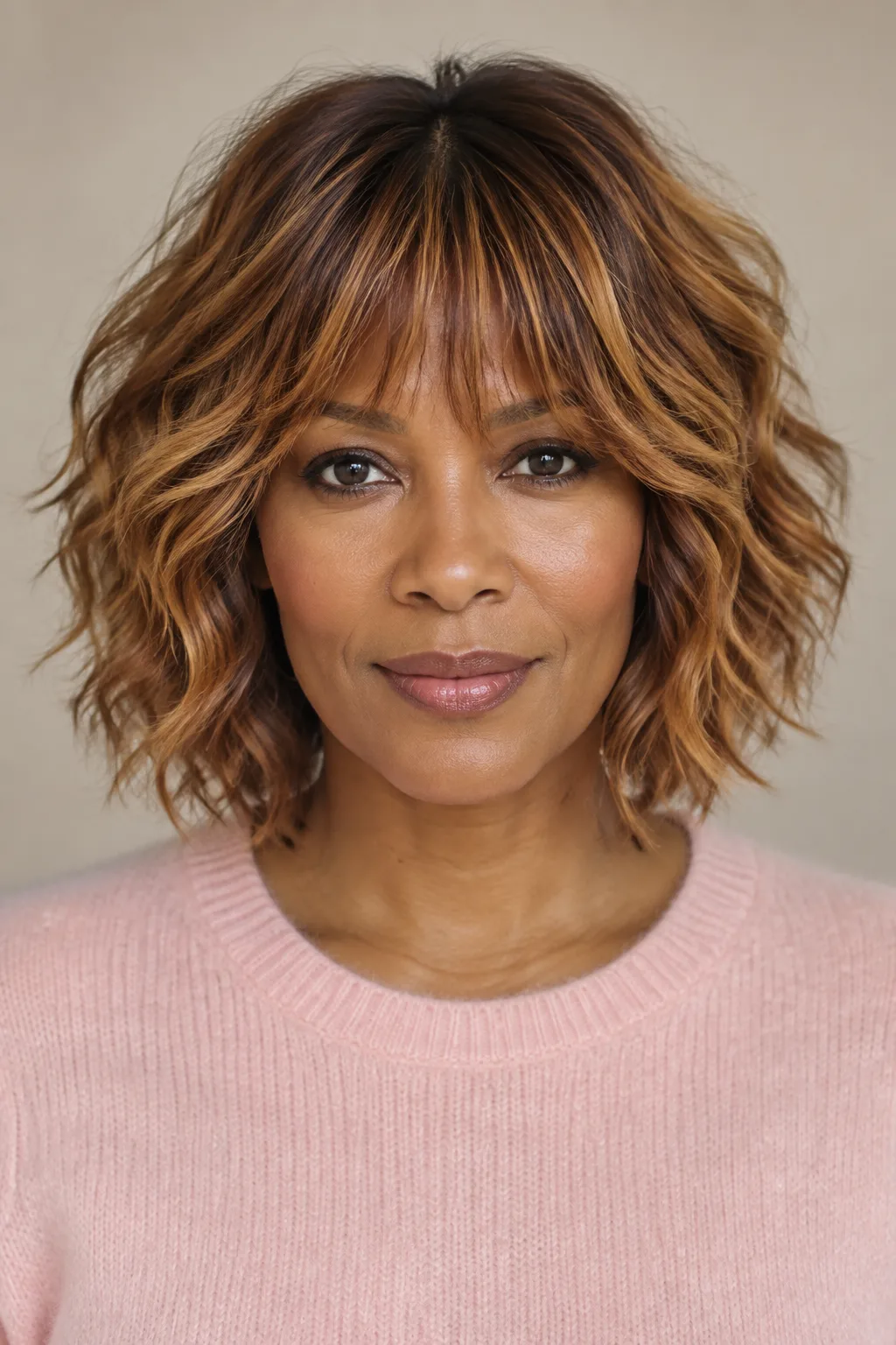 Black woman with a feathered choppy bob and wispy bangs in a studio backdrop