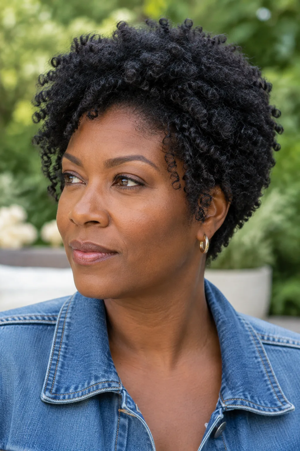 Black woman with a short cropped fro and tapered nape standing in a garden