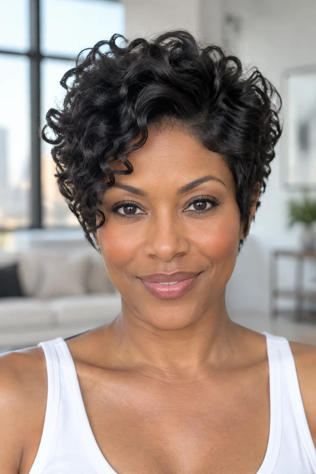 Black woman with a textured pixie and longer curly top smiling at the camera