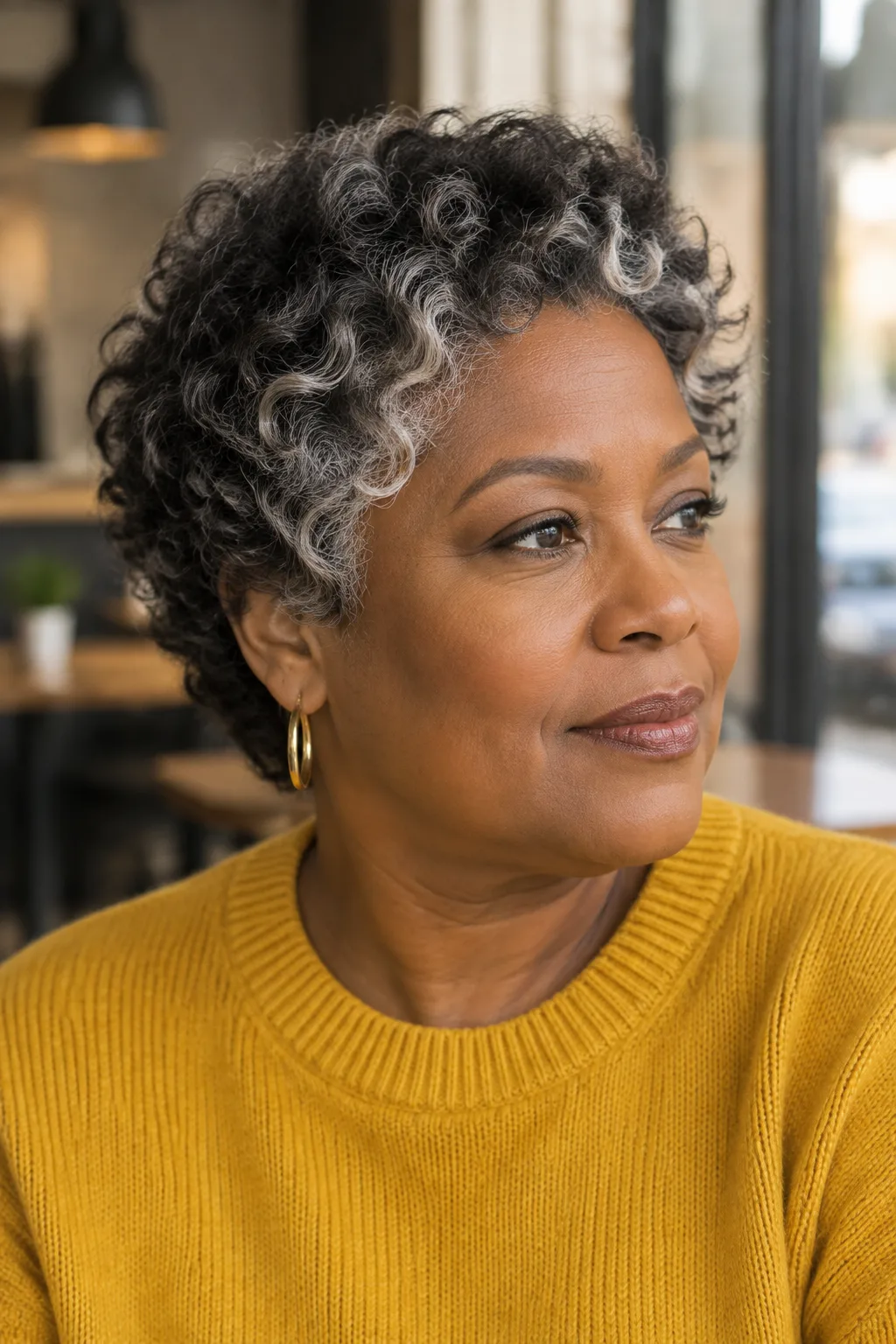 Older Black woman with a cropped curly cut and silver highlights in a cafe