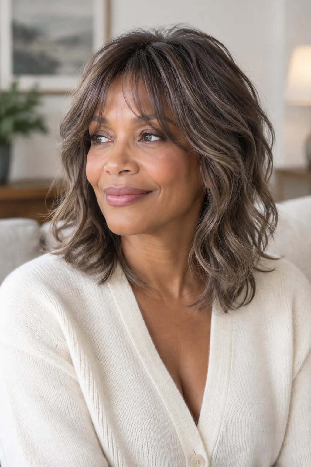 Older Black woman with a fine-textured airy shag and curtain fringe in a living room