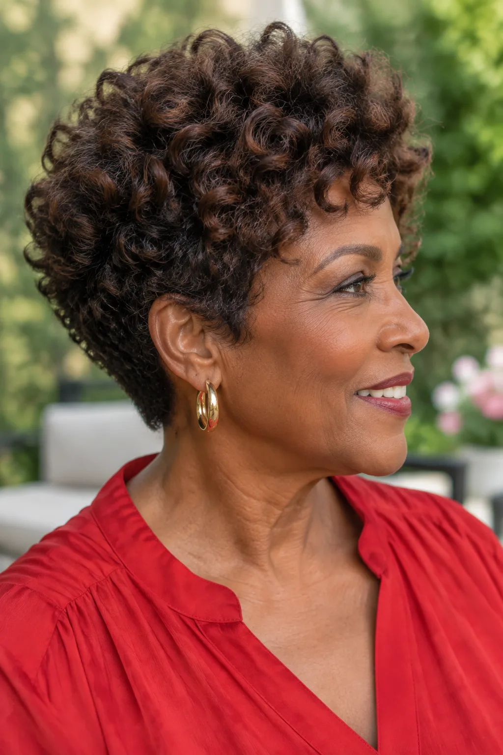 Older Black woman with a tapered pixie and curly volume on top outdoors
