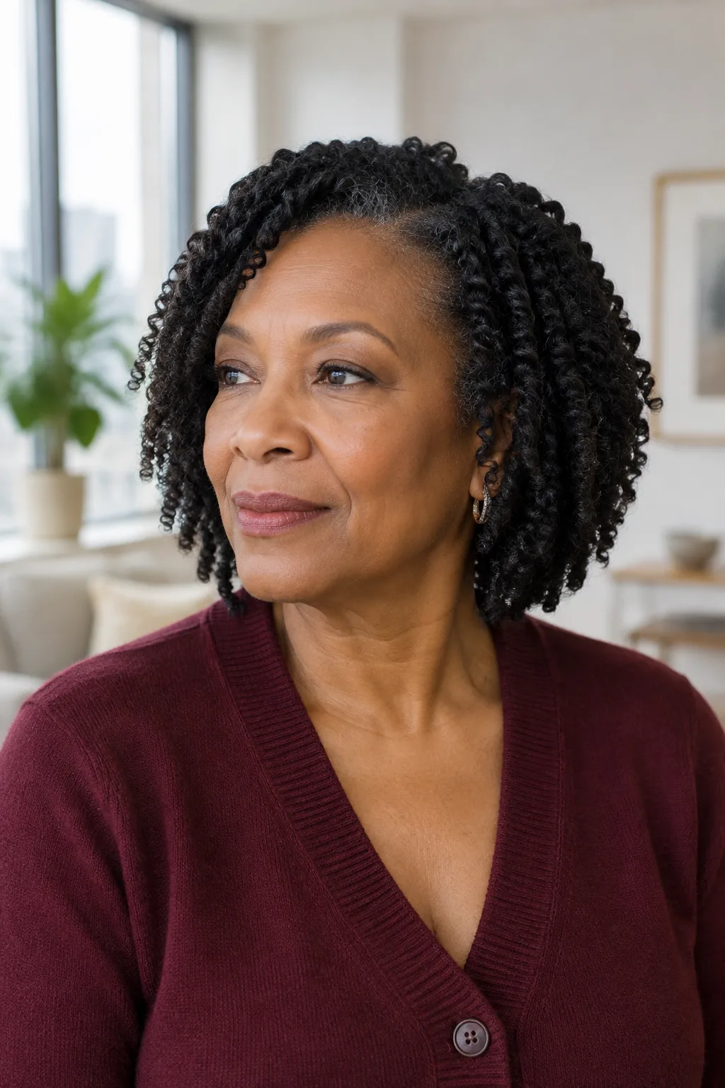 Older Black woman with a chin-length twist bob and soft curls in a loft