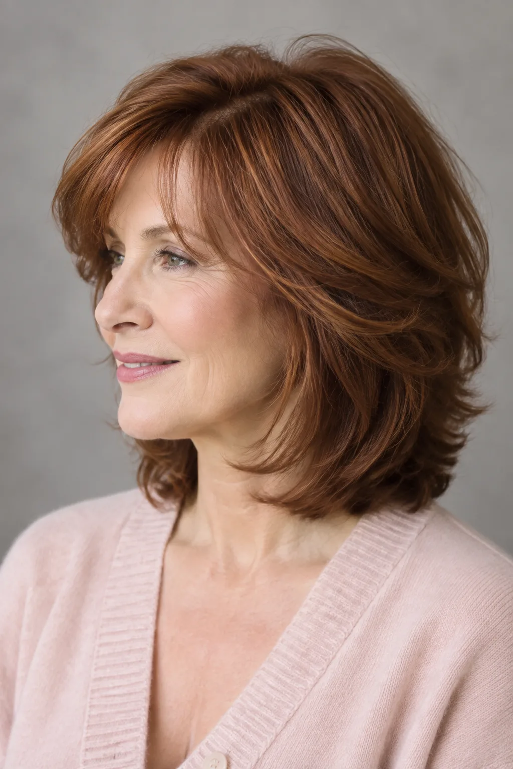 Woman with an auburn layered wedge haircut and curtain bangs shown in profile