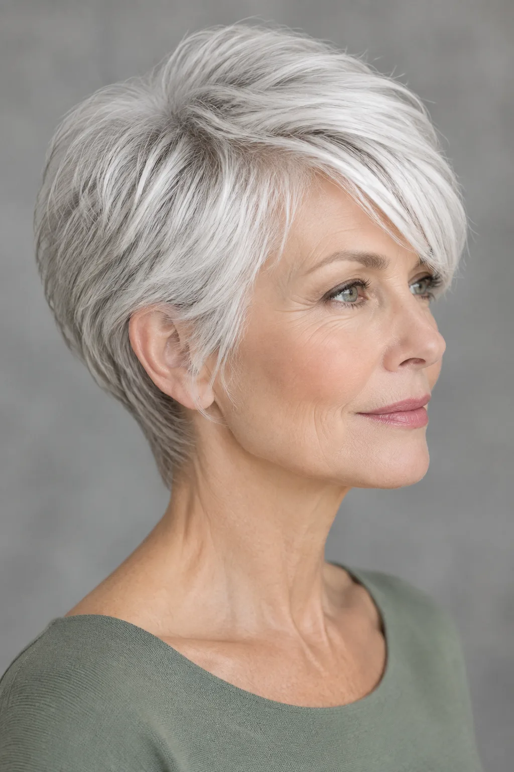 Woman with a white cropped pixie and side-swept bangs, shown in profile with lifted crown