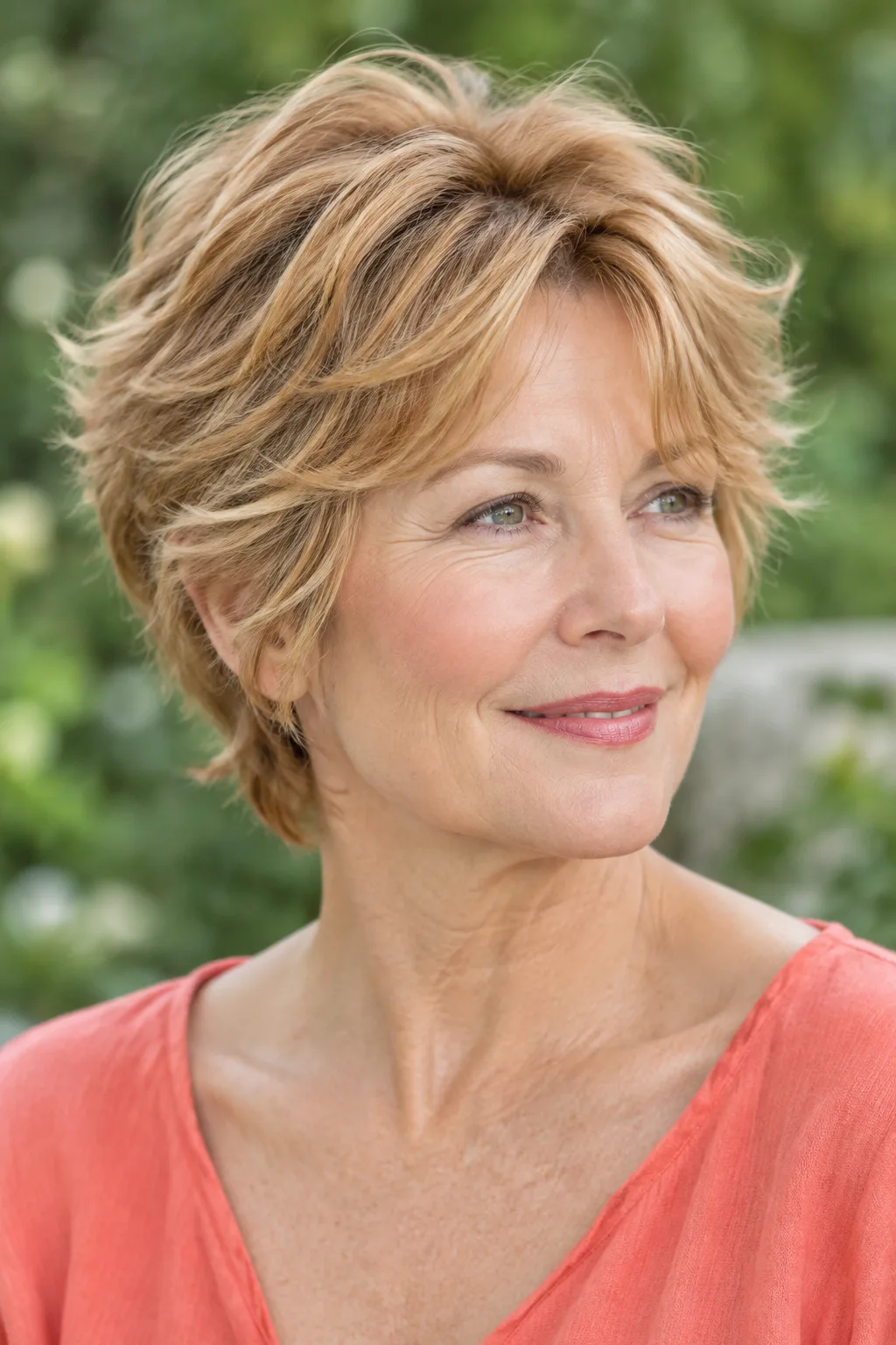 Woman with a strawberry blonde feathered pixie and curtain bangs, turned toward the side outdoors
