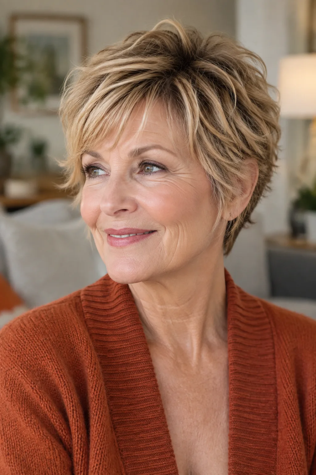 Woman with a honey blonde wispy pixie crop and deep side part, turned toward the side